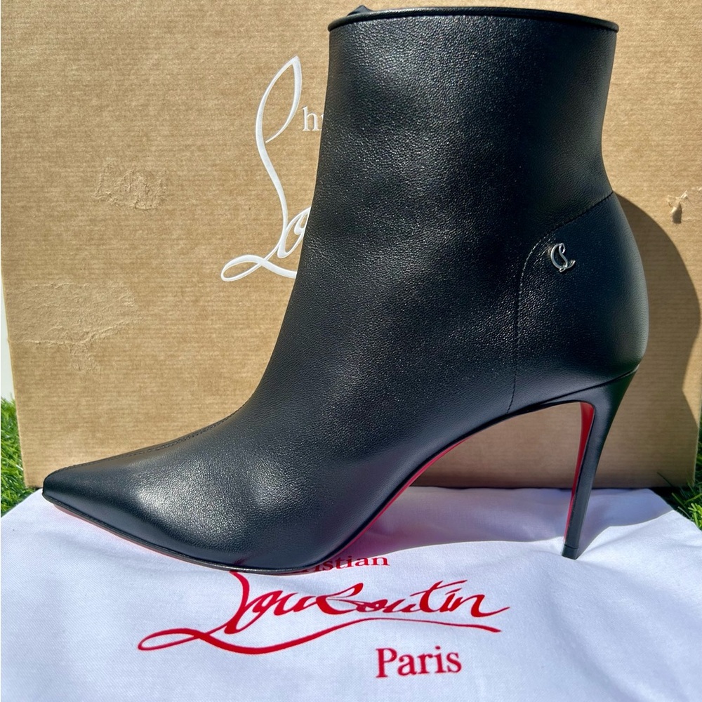 CHRISTIAN LOUBOUTIN SPORTY KATE BOOTY 85 BLACK LEATHER ANKLE BOOT ZIPPER SZ 39 - Picture 3 of 16